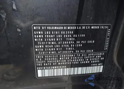 2021 Volkswagen Tiguan 2.0T S z USA, uszkodzony, nr VIN 3VV1B7AX2MM025294